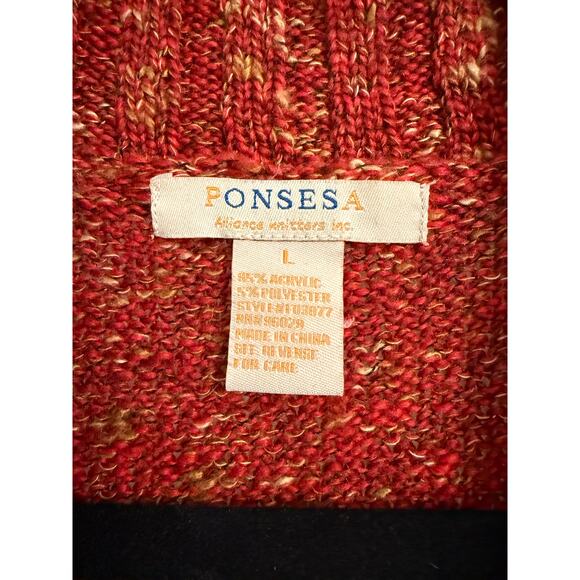 Ponsesa Women's Large Boho Multicolored Burnt Red Button Wide Collar Cardigan - Picture 5 of 6